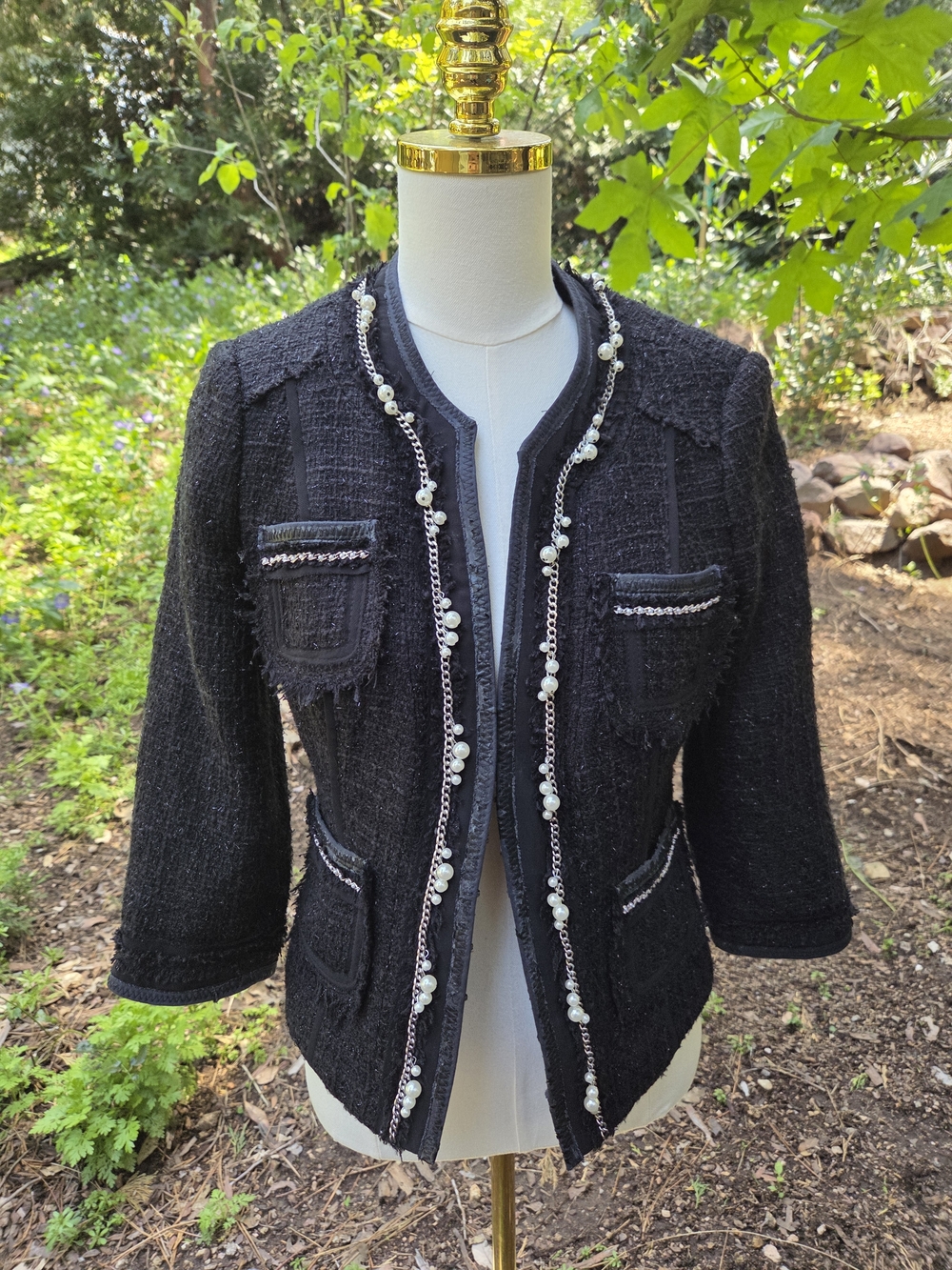 White House Black Market‎ Black Tweed Pearl Trim Jacket Size 6 - Picture 5 of 11
